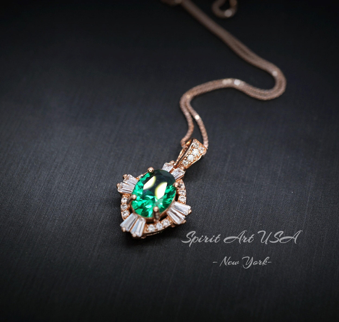 Green Emerald Necklace, Rose Gold coating 925 Sterling Silver Box Chain, Green Stone Emerald Jewelry #128
