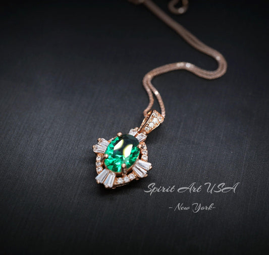 Green Emerald Necklace, Rose Gold coating 925 Sterling Silver Box Chain, Green Stone Emerald Jewelry #128
