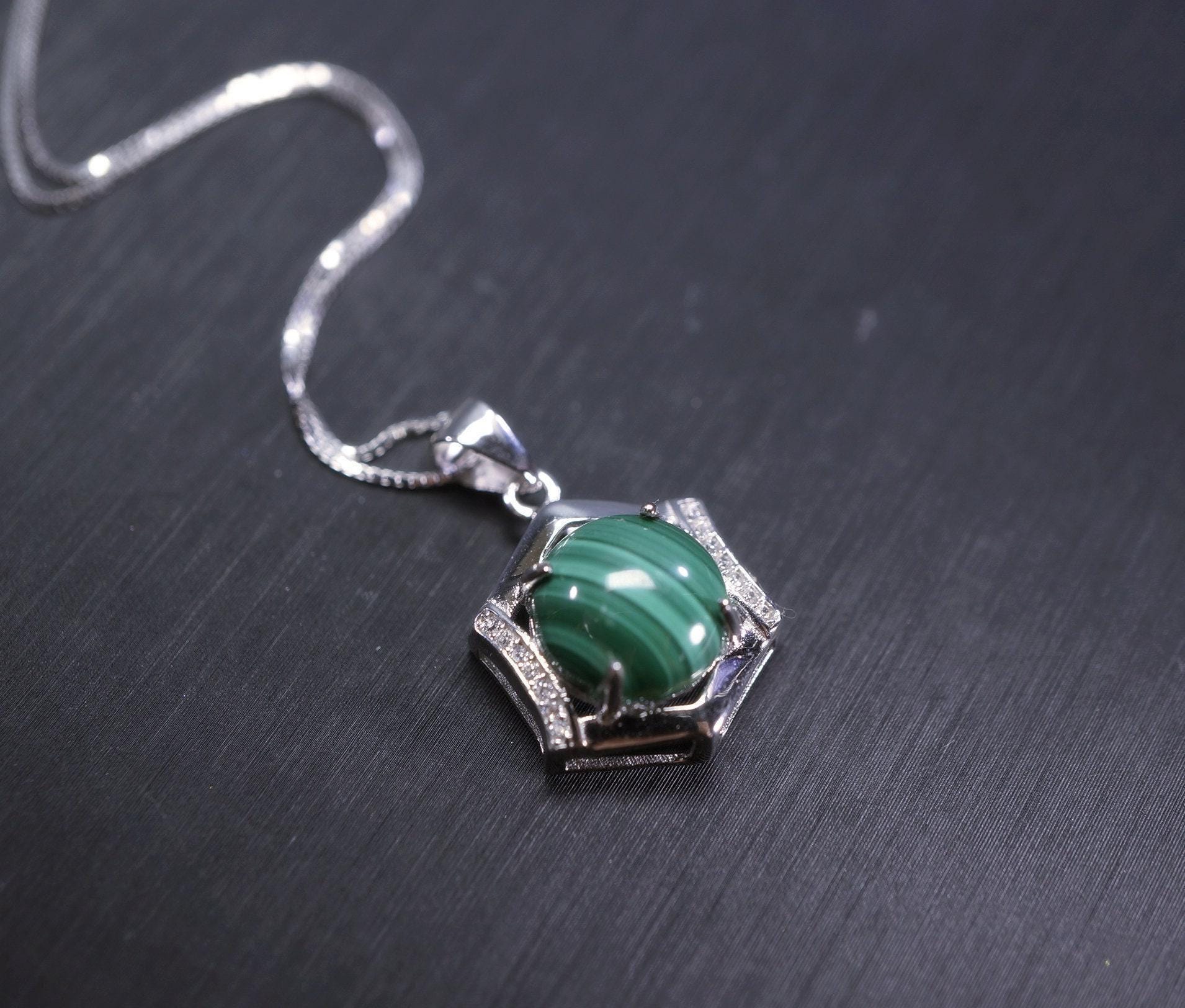 Genuine Malachite Necklace Silver - 925 Sterling Silver Green Malachite Pendant , Geometric Hexagonal Malachite Jewelry #137