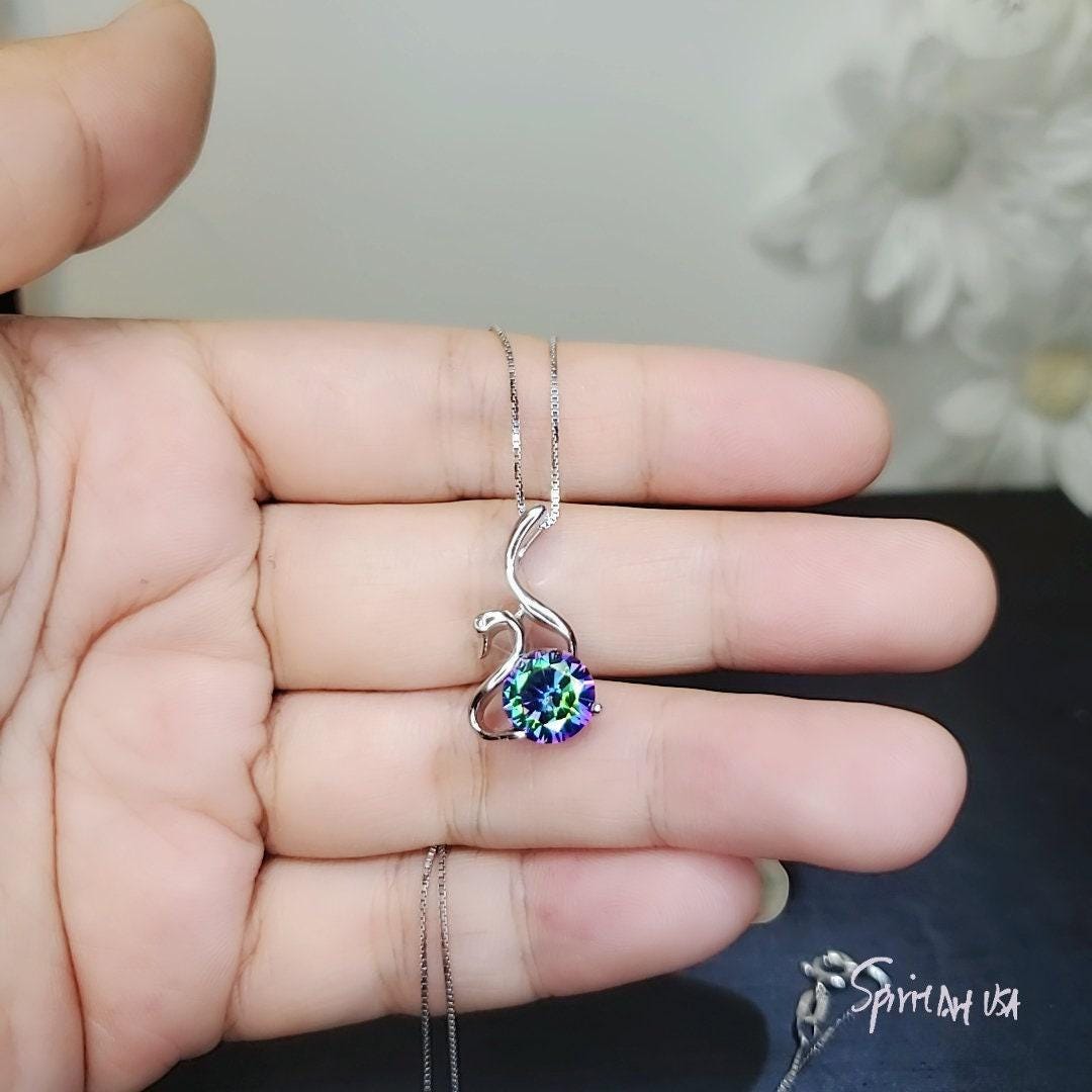 Mystic Topaz Swan Necklace - 18Kgp @ Sterling Silver - Rainbow Mystic Topaz Pendant - Solitaire Single Simple Bird Pendant #155
