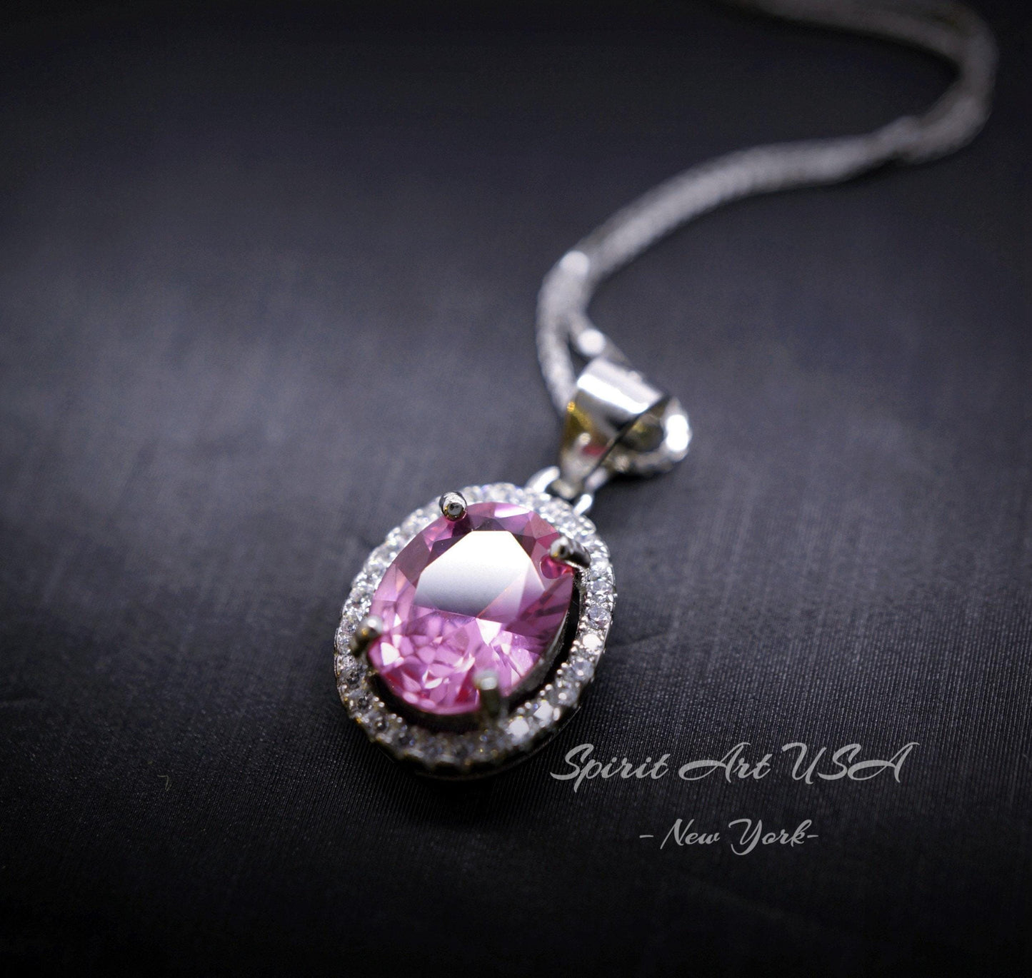 Pink Tourmaline Necklace Sterling Silver , White gold plated Halo Gemstone Stone Solitaire Pink Tourmaline Jewelry #195
