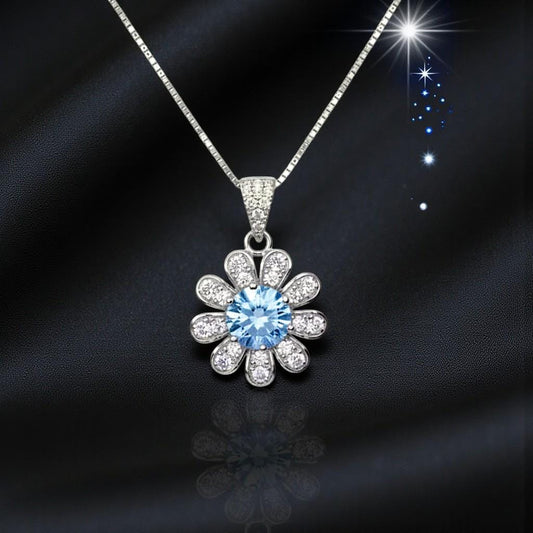 Aquamarine Necklace Sterling Silver Sunflower Pendant Sim Gemstone 1 Ct Blue Gemstone Pendant White Gold March Birthstone Tiny Floral 054
