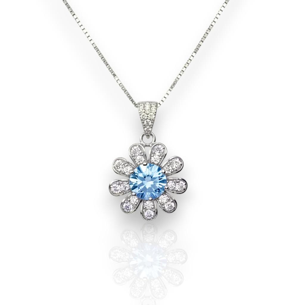 Aquamarine Necklace Sterling Silver Sunflower Pendant Sim Gemstone 1 Ct Blue Gemstone Pendant White Gold March Birthstone Tiny Floral 054