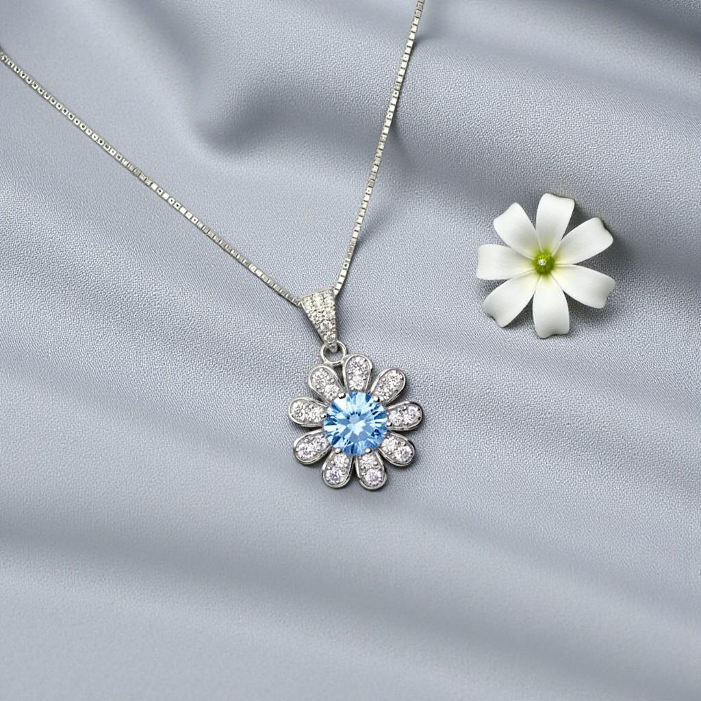 Aquamarine Necklace Sterling Silver Sunflower Pendant Sim Gemstone 1 Ct Blue Gemstone Pendant White Gold March Birthstone Tiny Floral 054