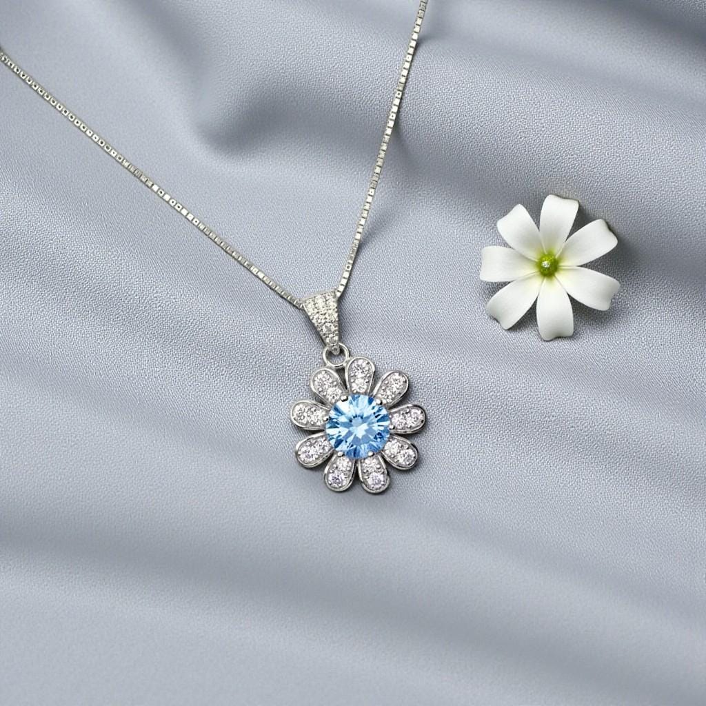 Aquamarine Necklace Sterling Silver Sunflower Pendant Sim Gemstone 1 Ct Blue Gemstone Pendant White Gold March Birthstone Tiny Floral 054