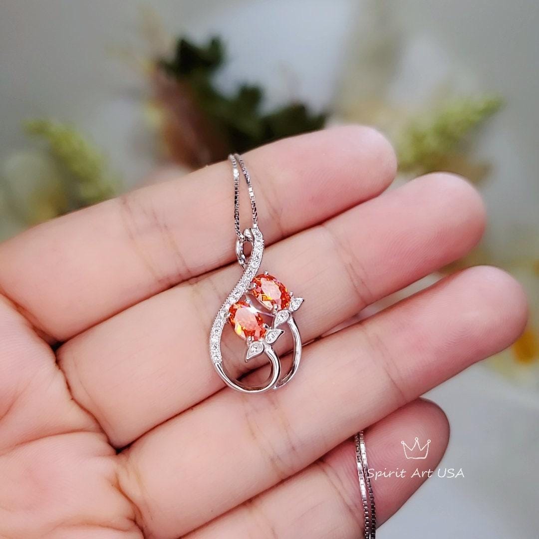 Red Orange Sunstone Necklace Spessartite Garnet Necklace - Sterling Silver Tangerine Sapphire Leaf Orange Gemstone Jewelry #271