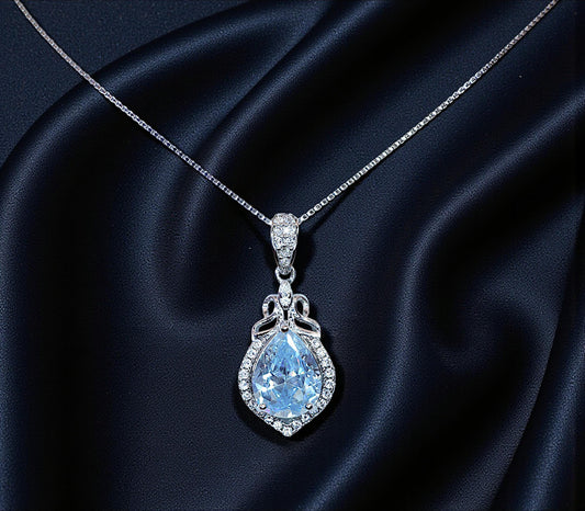 Aquamarine Necklace - 18KGP @ Sterling Silver Blue Aquamarine Pendant - Mini Teardrop Blue Gemstone March Birthstone #297