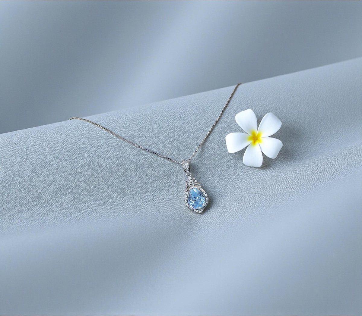Aquamarine Necklace - 18KGP @ Sterling Silver Blue Aquamarine Pendant - Mini Teardrop Blue Gemstone March Birthstone #297