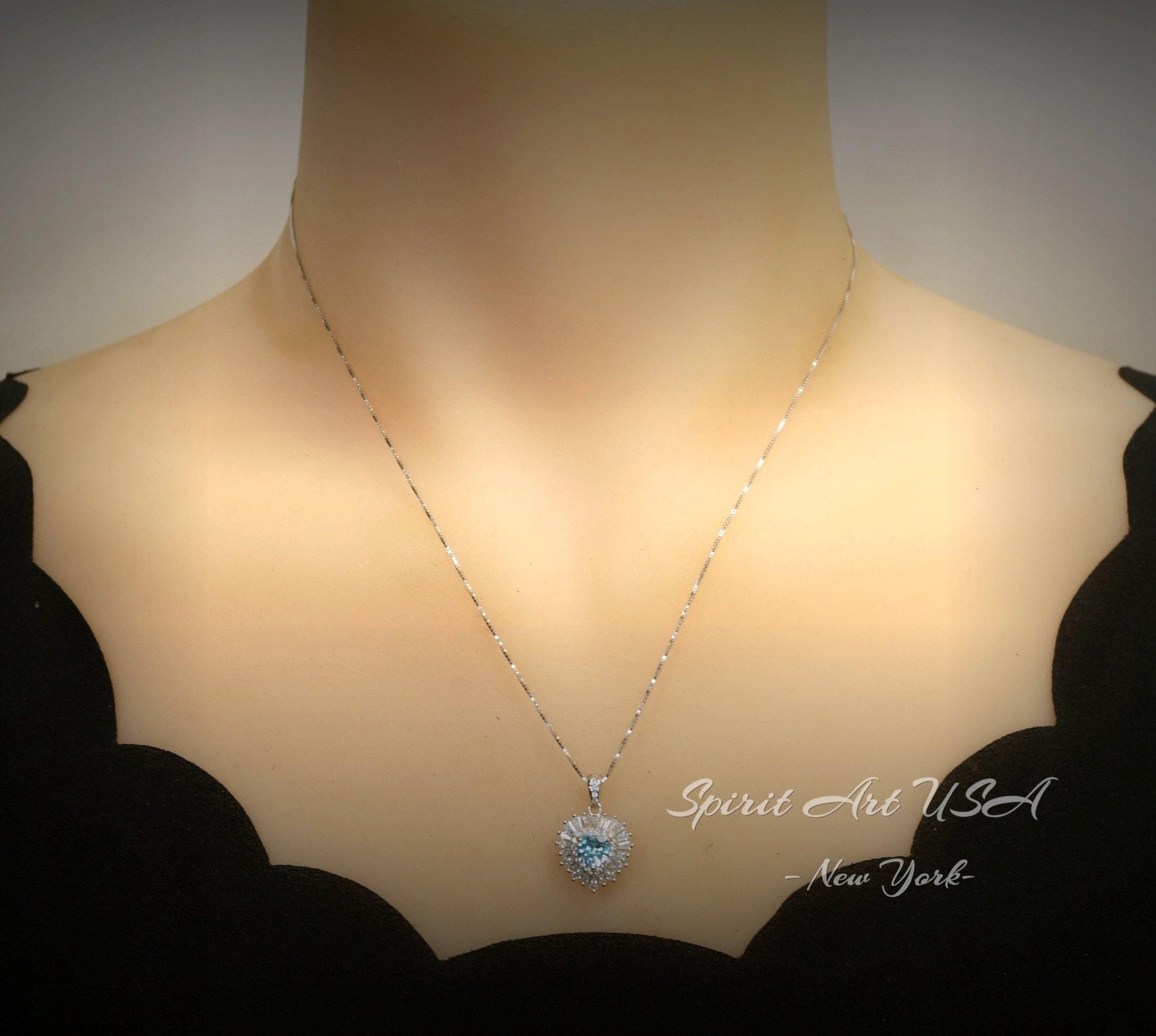 Gemstone Halo Aquamarine Heart Necklace - 18KGP & Sterling Silver - Tiny 1.5 CT Dainty Aquamarine Jewelry - March Birthstone #295