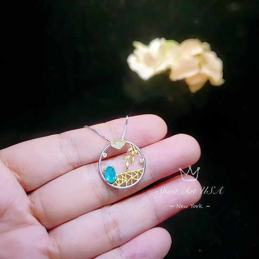 Romantic Poetic Paraiba Tourmaline Necklace sterling Silver Unique Style Tiny Paraiba Necklace Artistic green blue gemstone #293