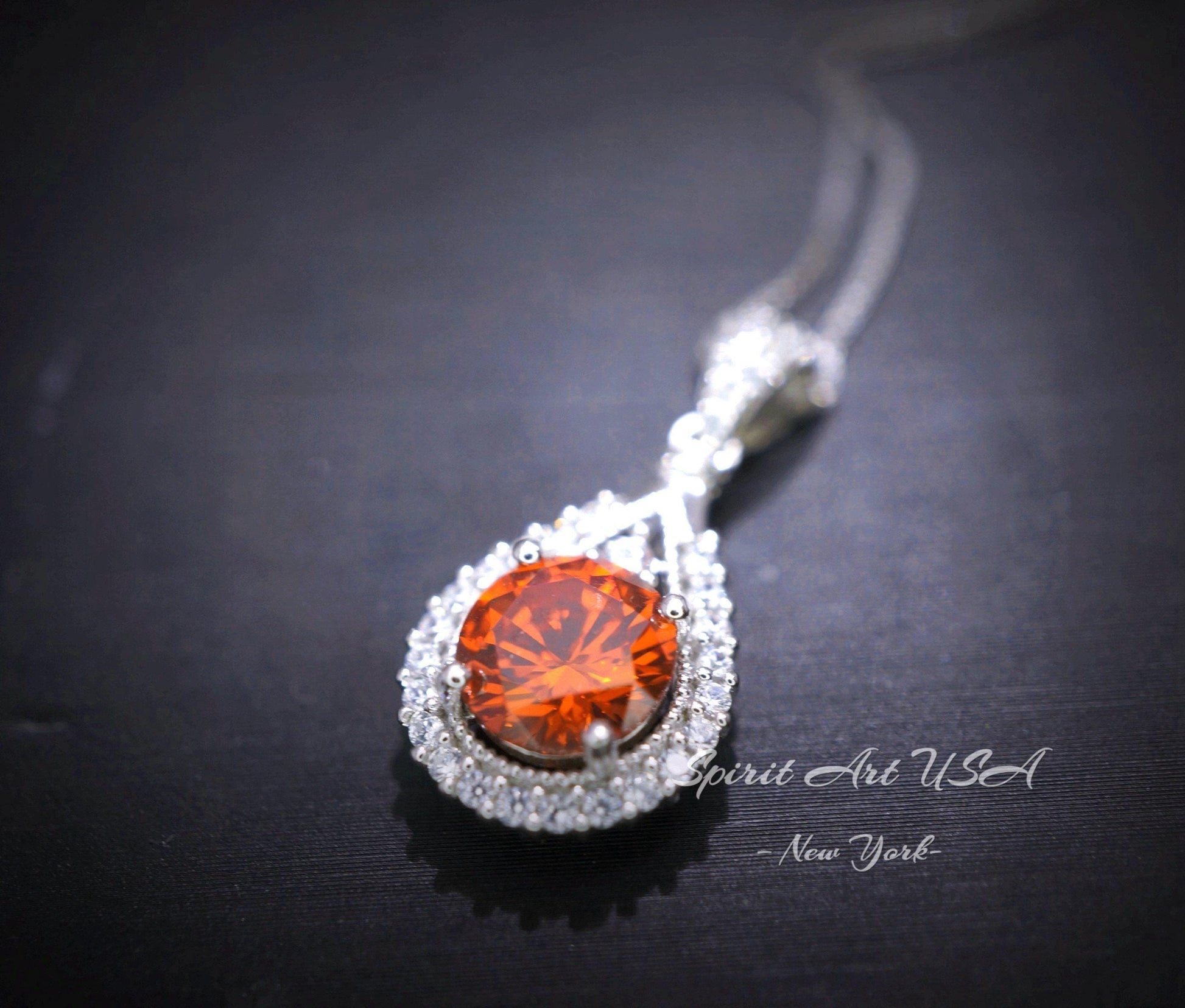 Sunstone Necklace - Tangerine Sapphire Necklace - Sterling Silver 1.8 CT Round Red Orange Spessartite Garnet Gemstone Pendant #279