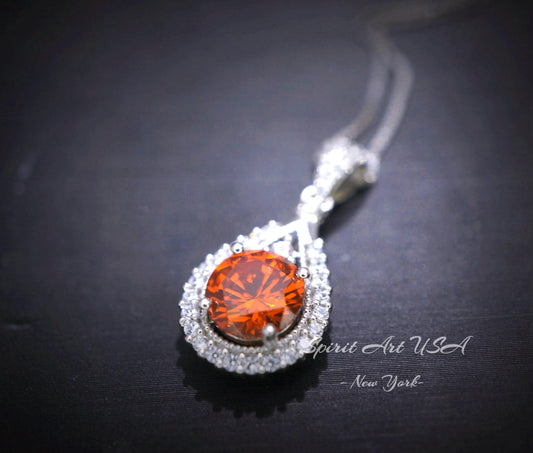Sunstone Necklace - Tangerine Sapphire Necklace - Sterling Silver 1.8 CT Round Red Orange Spessartite Garnet Gemstone Pendant #279