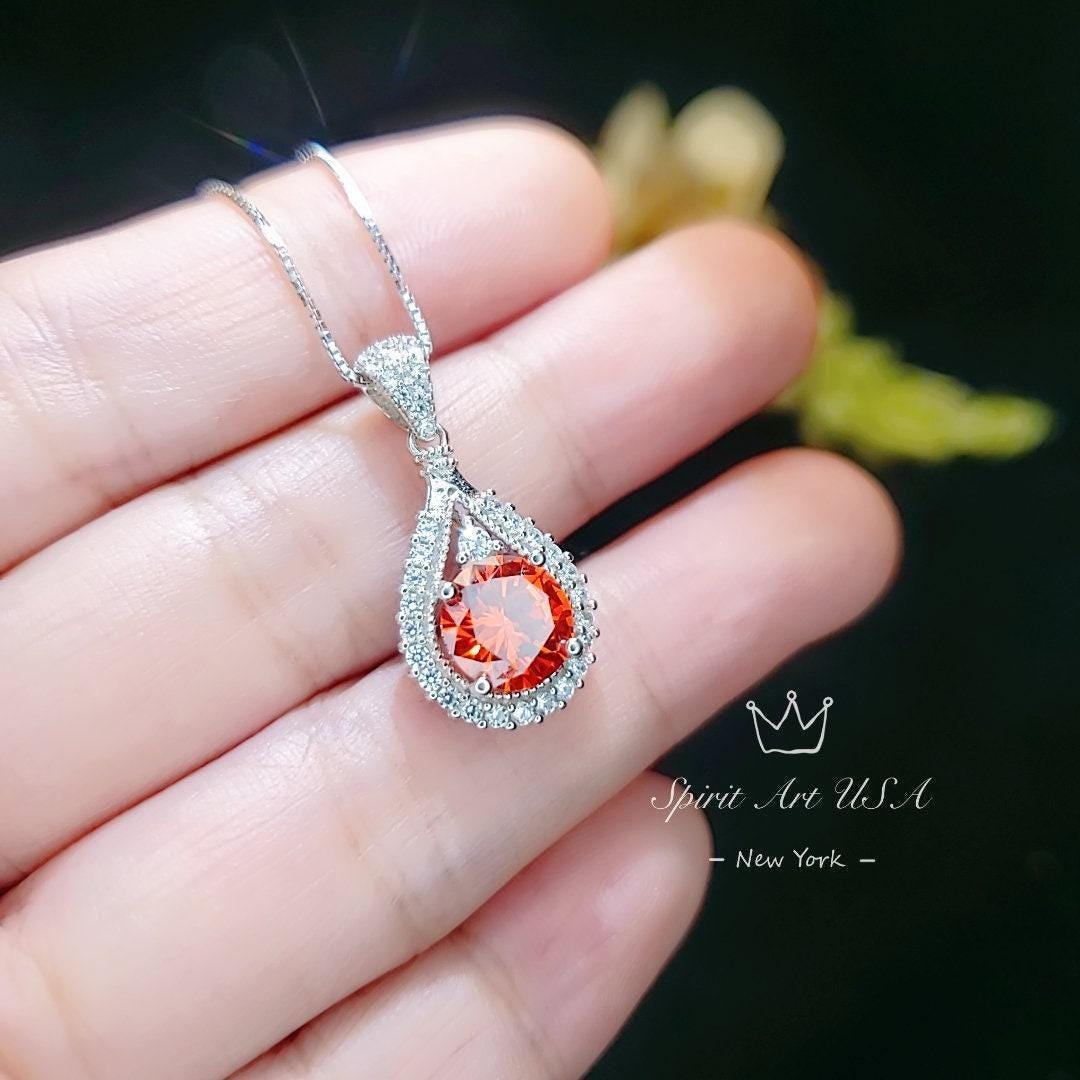 Sunstone Necklace - Tangerine Sapphire Necklace - Sterling Silver 1.8 CT Round Red Orange Spessartite Garnet Gemstone Pendant #279