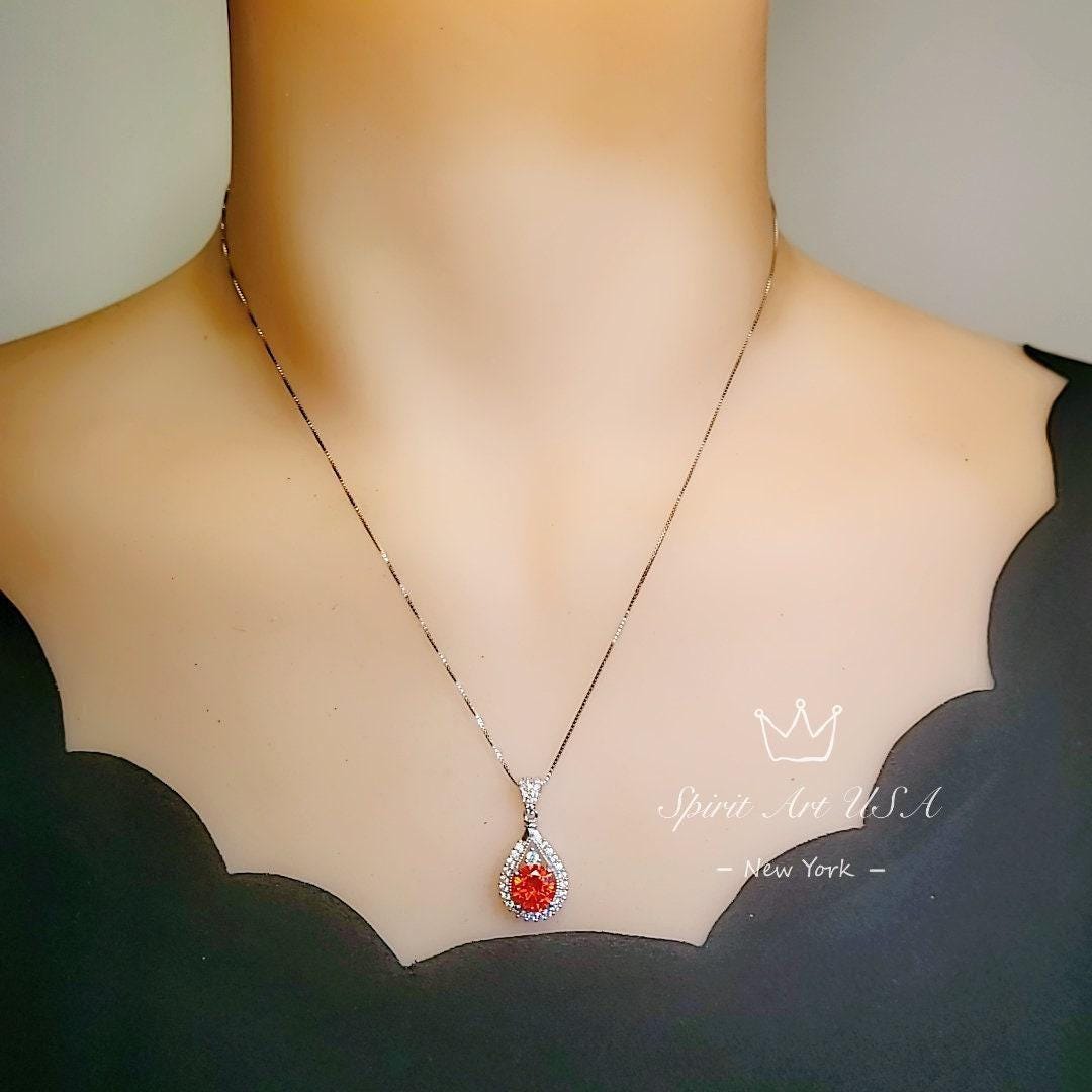 Sunstone Necklace - Tangerine Sapphire Necklace - Sterling Silver 1.8 CT Round Red Orange Spessartite Garnet Gemstone Pendant #279