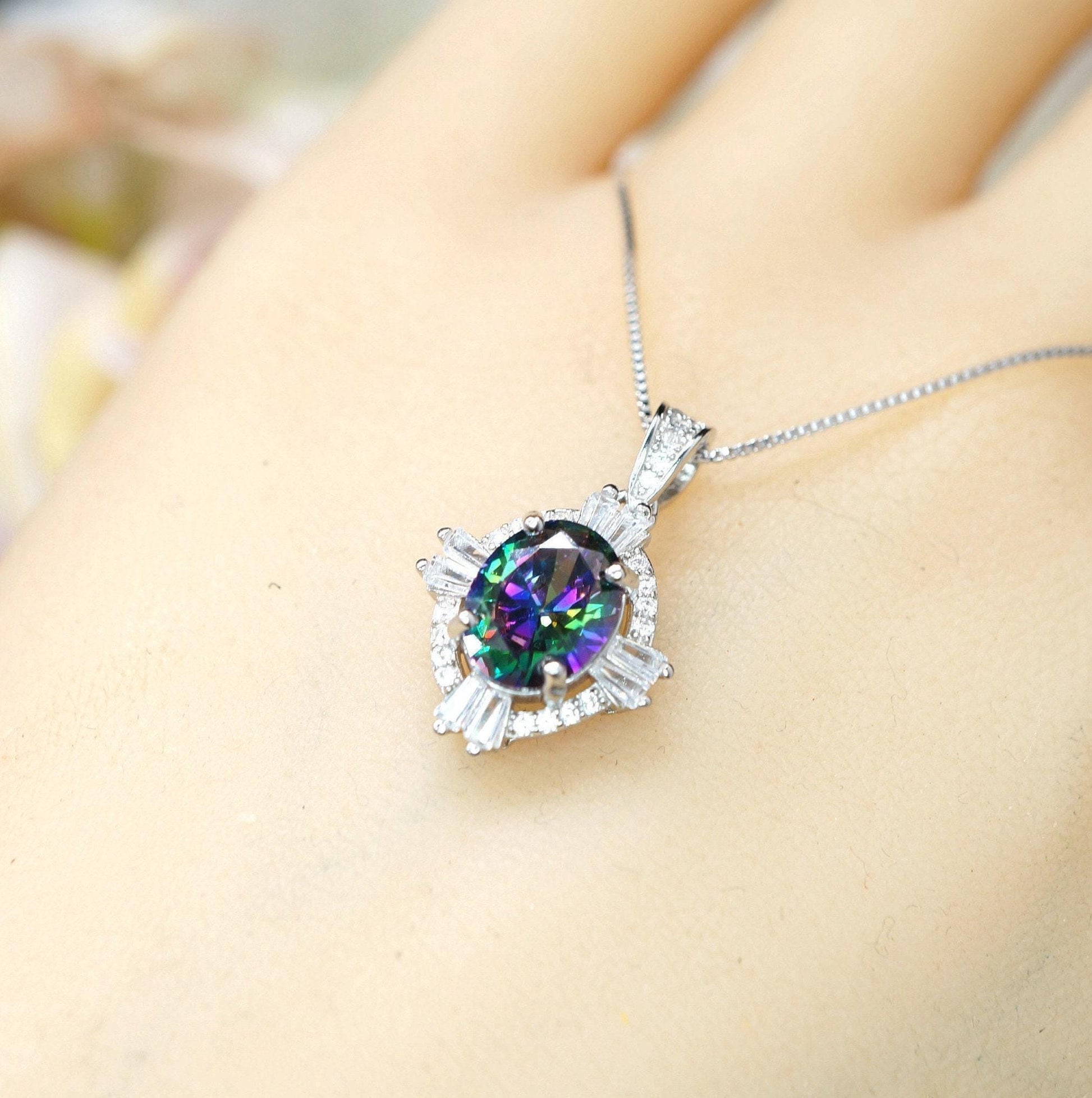 Small rainbow mystic topaz necklace sterling silver made with white gold coated Gemstone style oval cut 16" ~20" chain #193