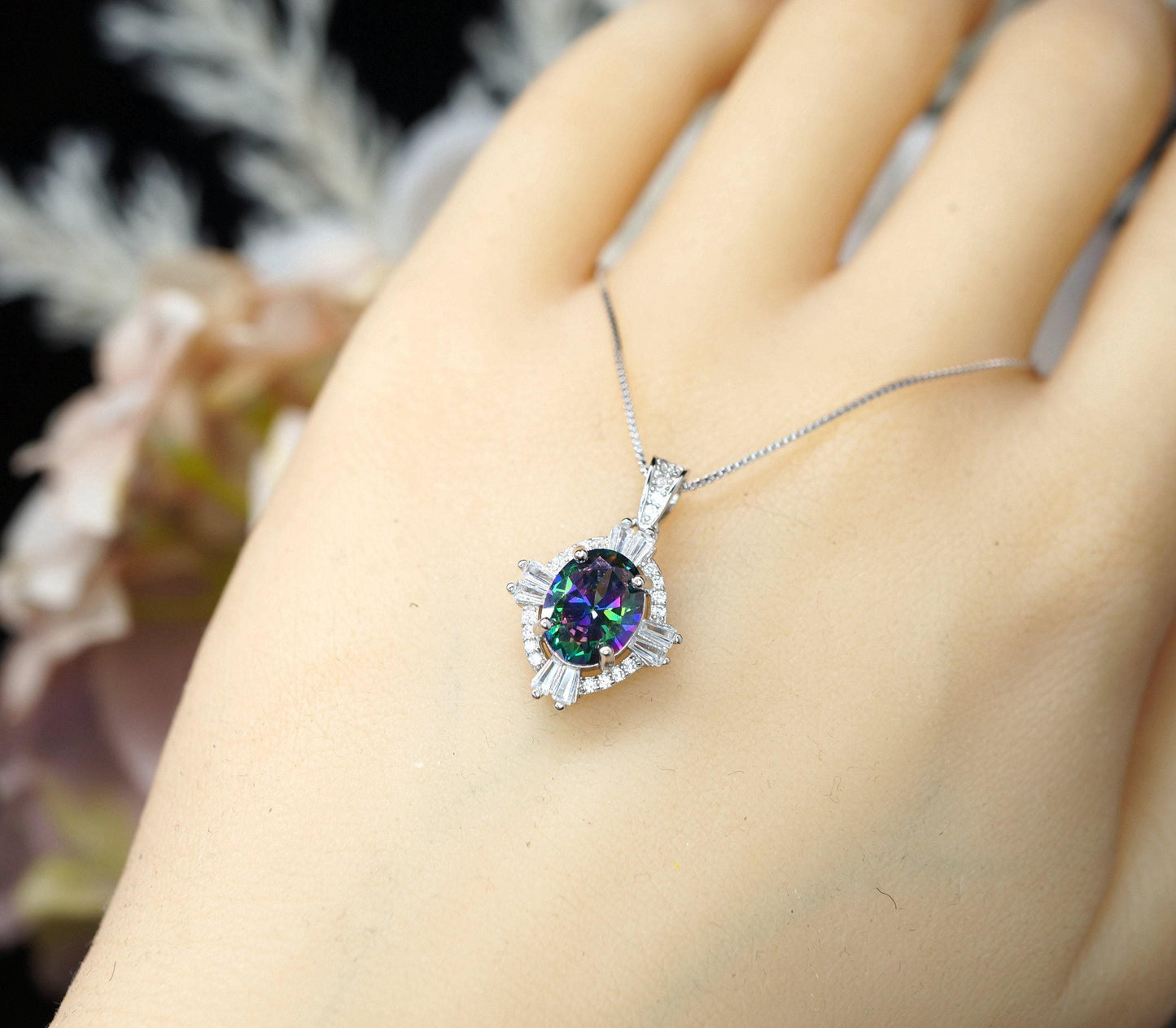 Small rainbow mystic topaz necklace sterling silver made with white gold coated Gemstone style oval cut 16" ~20" chain #193
