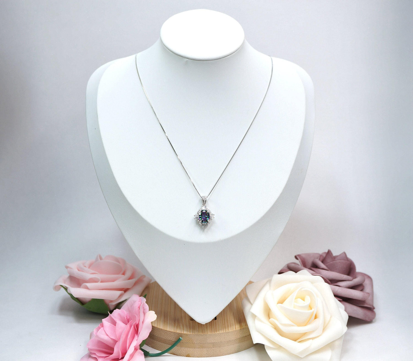Small rainbow mystic topaz necklace sterling silver made with white gold coated Gemstone style oval cut 16" ~20" chain #193