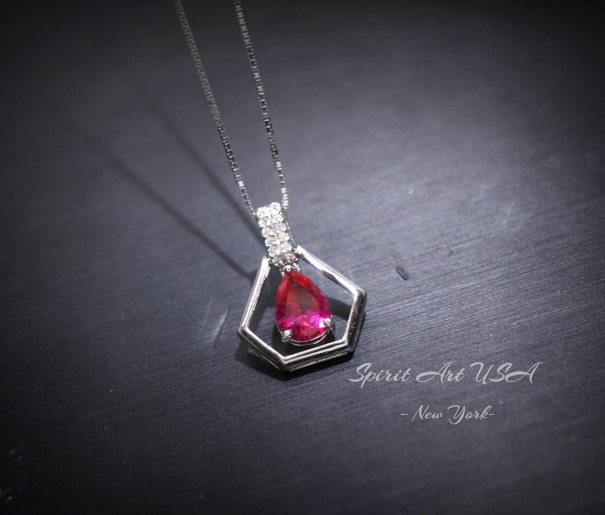 Geometric Red Ruby Necklace - Sterling Silver Triangle Diamond Teardrop Ruby Pendant Tiny Minimalist Red Gemstone Jewelry