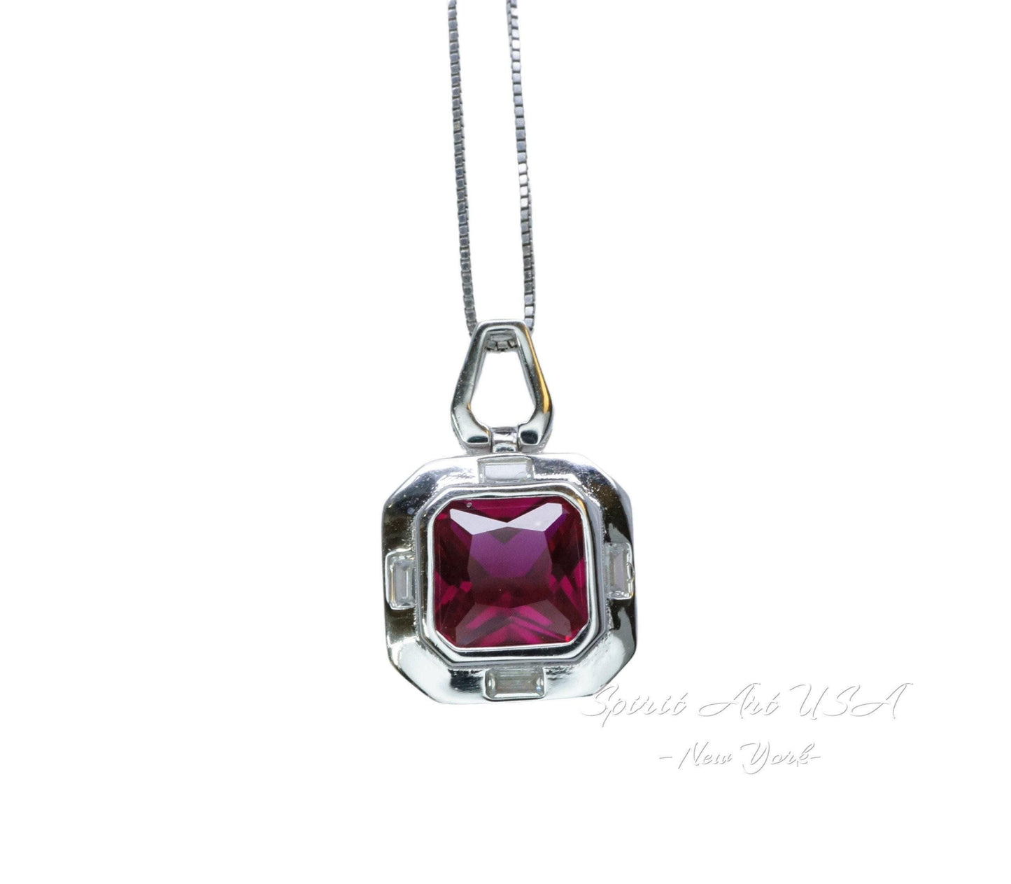 Square Scissor Cut Ruby Necklace - Red Ruby Pendant White gold @ Sterling Silver - July Birthstone Chain - Red Ruby Pendant #302