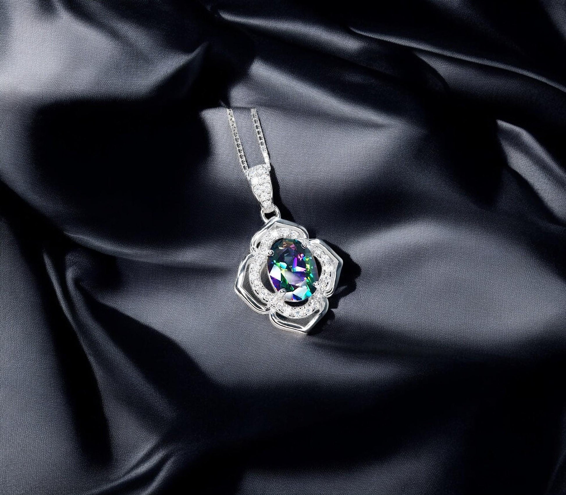 Small Mystic Topaz Necklace 1.5 ct -Sterling Silver White Gold Flower of Life Pendant #1009