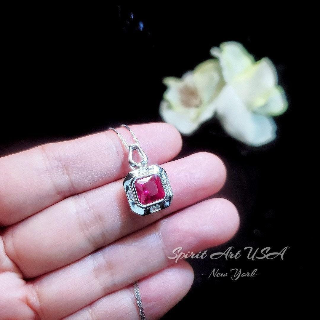 Square Scissor Cut Ruby Necklace - Red Ruby Pendant White gold @ Sterling Silver - July Birthstone Chain - Red Ruby Pendant #302