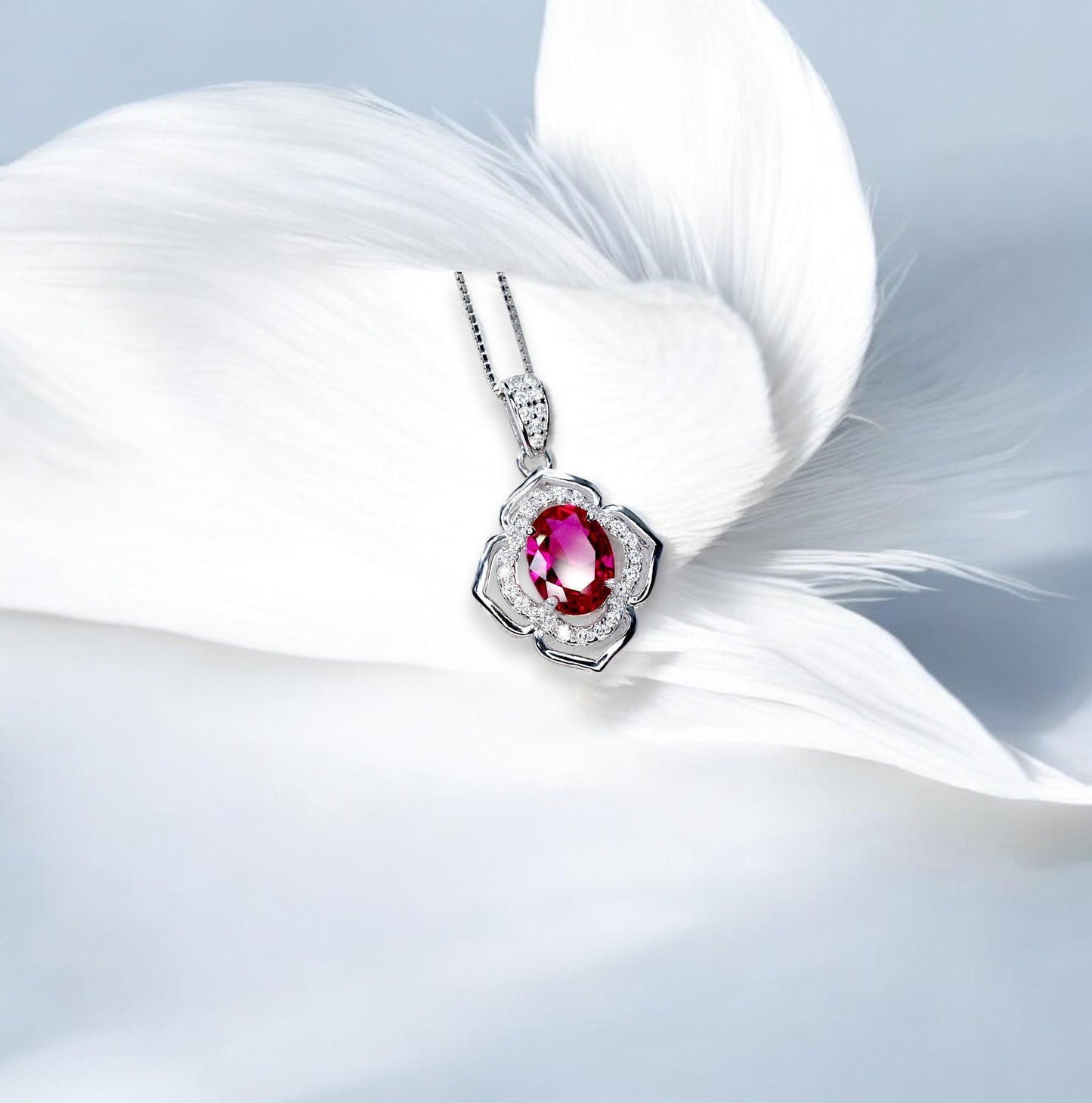 1.5 ct Ruby Necklace Sterling Silver Flower Of Life pendant White Gold coated small July Birthstone #1002