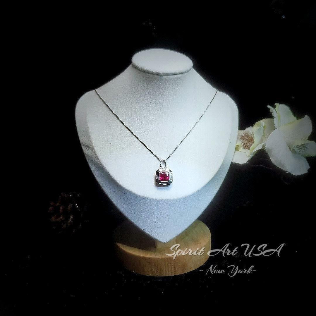 Square Scissor Cut Ruby Necklace - Red Ruby Pendant White gold @ Sterling Silver - July Birthstone Chain - Red Ruby Pendant #302