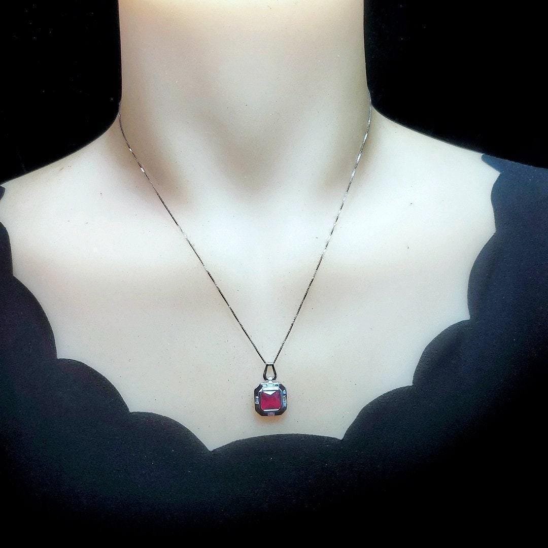 Square Scissor Cut Ruby Necklace - Red Ruby Pendant White gold @ Sterling Silver - July Birthstone Chain - Red Ruby Pendant #302