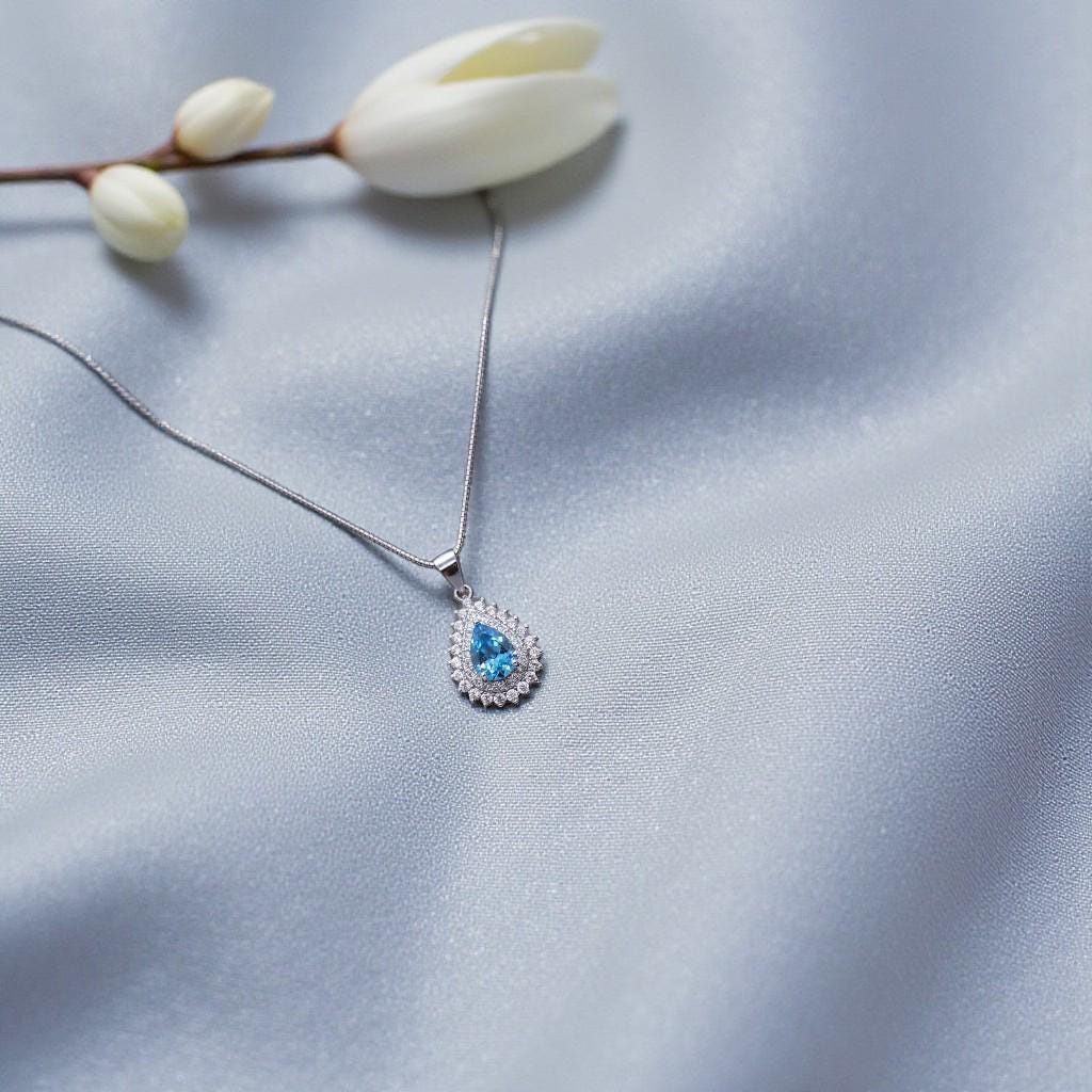 Teardrop Aquamarine Necklace Double CZ stone Circle Tiny March Birthstone Blue Aquamarine Pendant #151