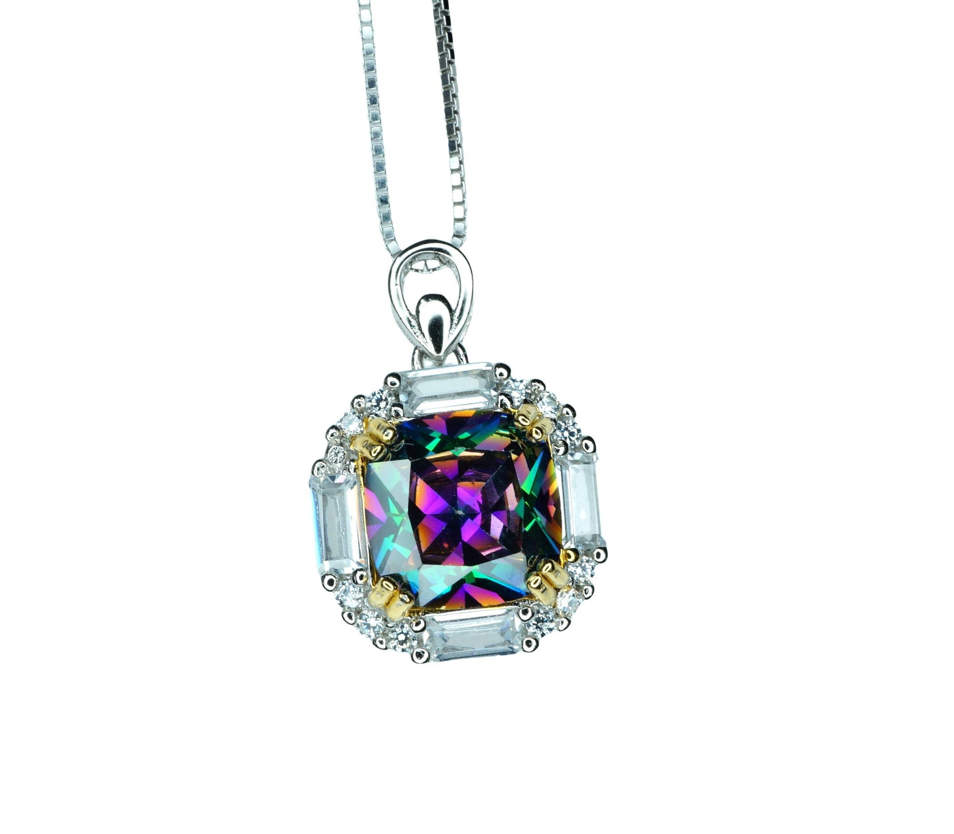 Dainty Cushion Mystic Topaz Necklace - Sterling Silver Gemstone Square Halo Solitaire Royal Rainbow Topaz Jewelry #173