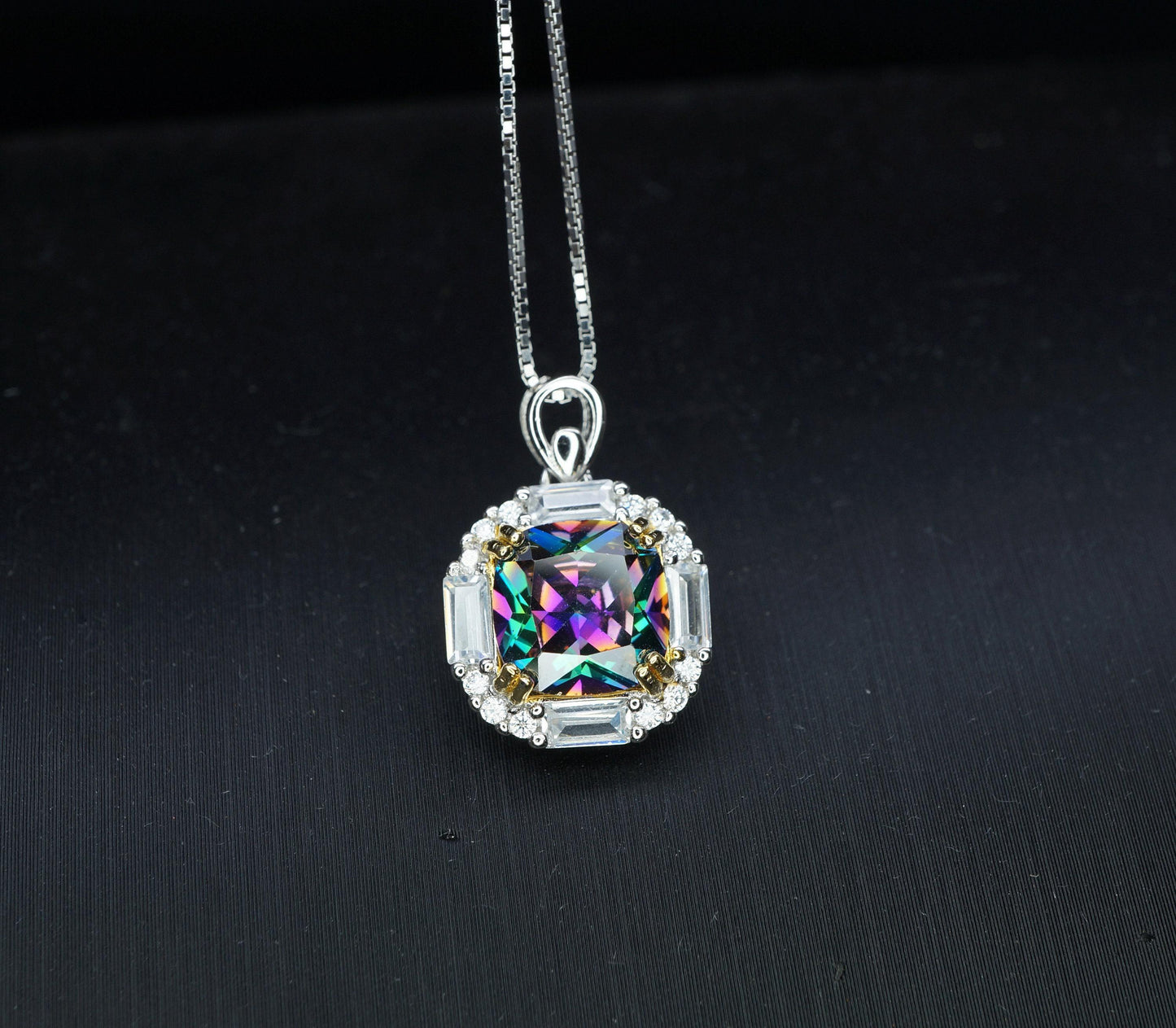 Dainty Cushion Mystic Topaz Necklace - Sterling Silver Gemstone Square Halo Solitaire Royal Rainbow Topaz Jewelry #173