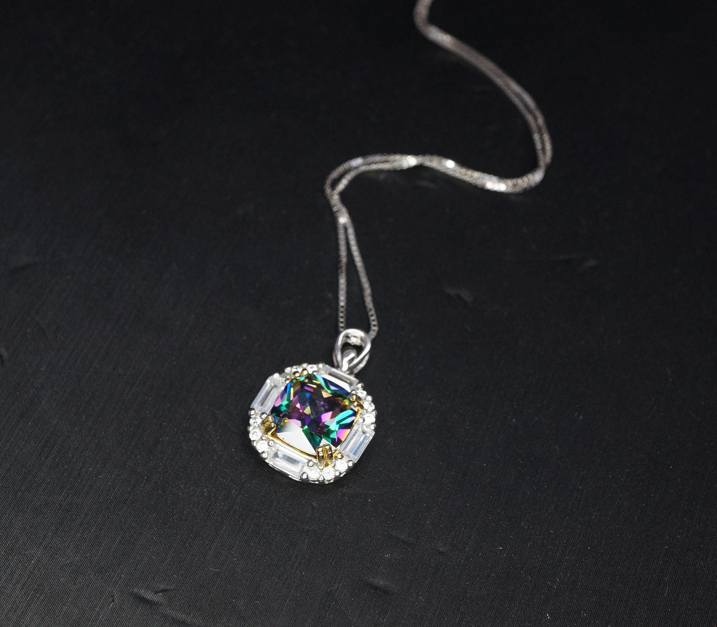 Dainty Cushion Mystic Topaz Necklace - Sterling Silver Gemstone Square Halo Solitaire Royal Rainbow Topaz Jewelry #173