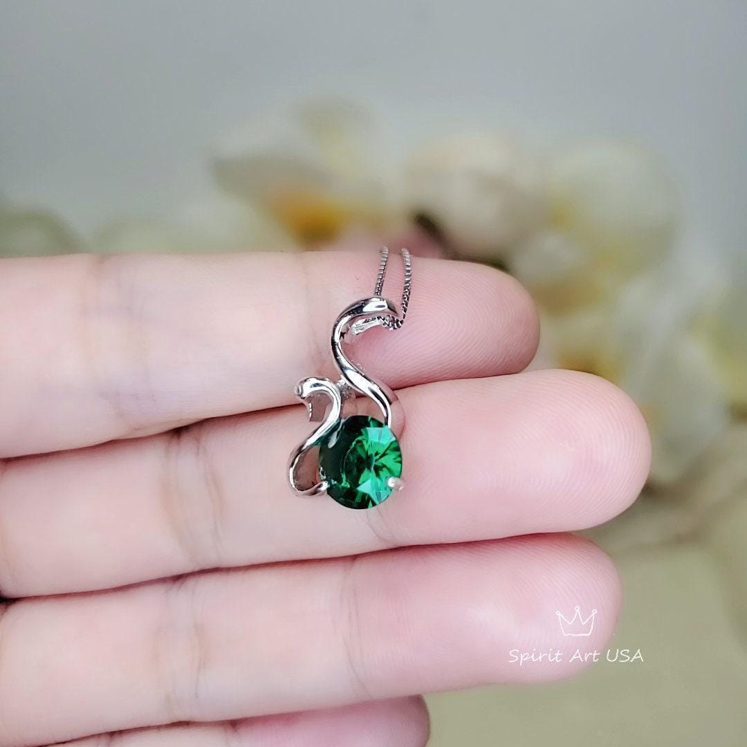8mm Emerald Necklace - 18KGP Sterling Silver - Swan Pendant - May Birthstone Luxury Simple Emerald Jewelry - Swan Necklace 1072