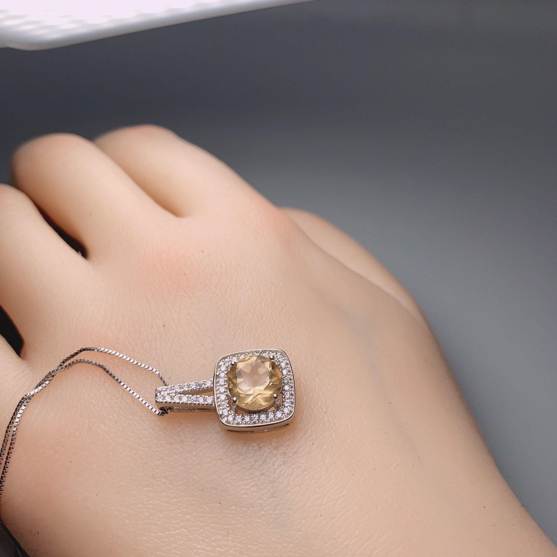 Natural Citrine Necklace Sterling Silver - 8mm Round Genuine Citrine Pendant - November Birthstone Crystal Healing Solitaire Citrine Jewelry