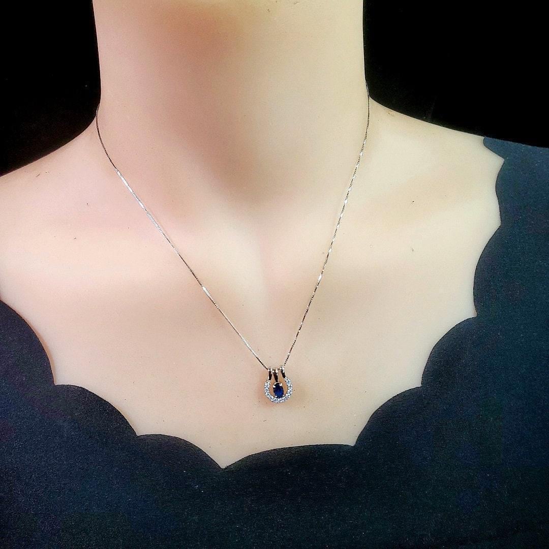 Tiny Blue Sapphire Necklace Horseshoe Pendant - 18KGP @ Sterling Silver - September Birthstone - One necklace two wearing Minimalist #190