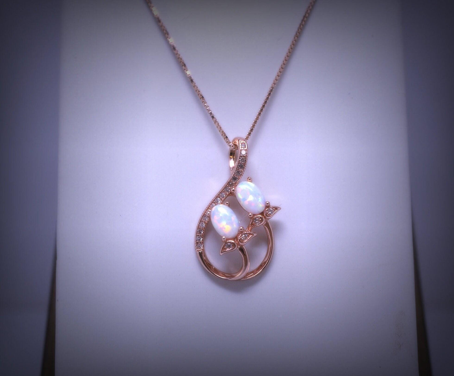 Opal Necklace - 18kGP @ Sterling Silver - Rose Gold - Created White Opal Necklace - Double Oval Opal Leaf Style #127