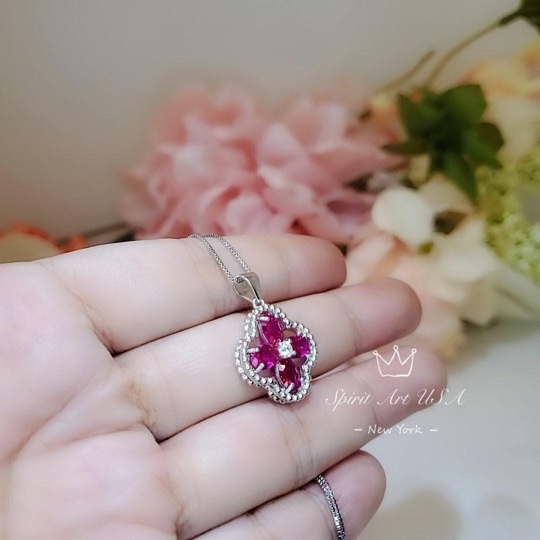 Ruby Necklace - Four Leaf Clover Red Ruby Pendant - 18KGP @ Sterling Silver - July Birthstone - Four leaf Clover Jewelry #131