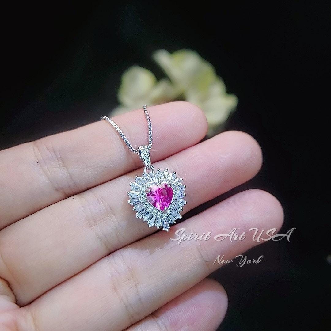 Double Halo Pink Sapphire Necklace - Pink Heart Pendant - 18KGP @ Sterling Silver - Dainty Fuchsia Red Pink Sapphire Pendant #298