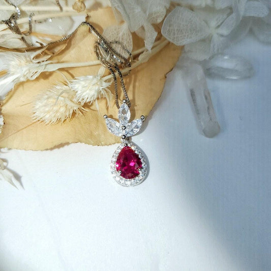 Sterling Silver Ruby Jewelry three-petal flower style Teardrop Ruby Pendant 18KGP White gold coated Chain #421