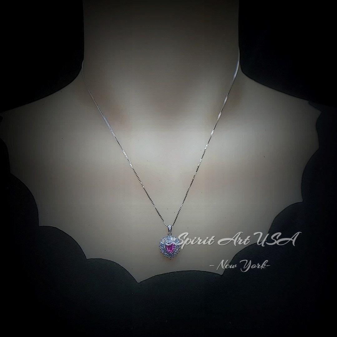 Double Halo Pink Sapphire Necklace - Pink Heart Pendant - 18KGP @ Sterling Silver - Dainty Fuchsia Red Pink Sapphire Pendant #298