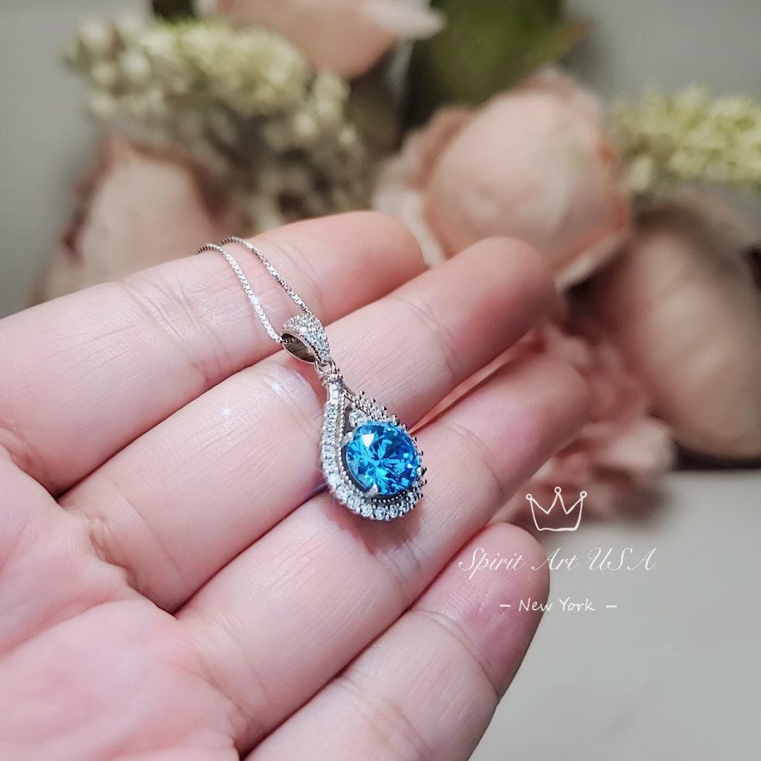 Round blue topaz necklace sterling silver made white yellow rose gold Chain birthstone jewelry 291