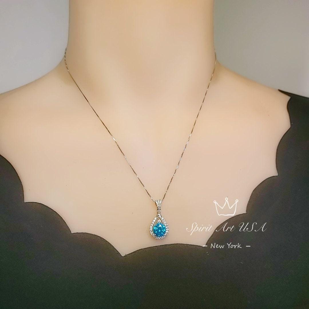 Round blue topaz necklace sterling silver made white yellow rose gold Chain birthstone jewelry 291