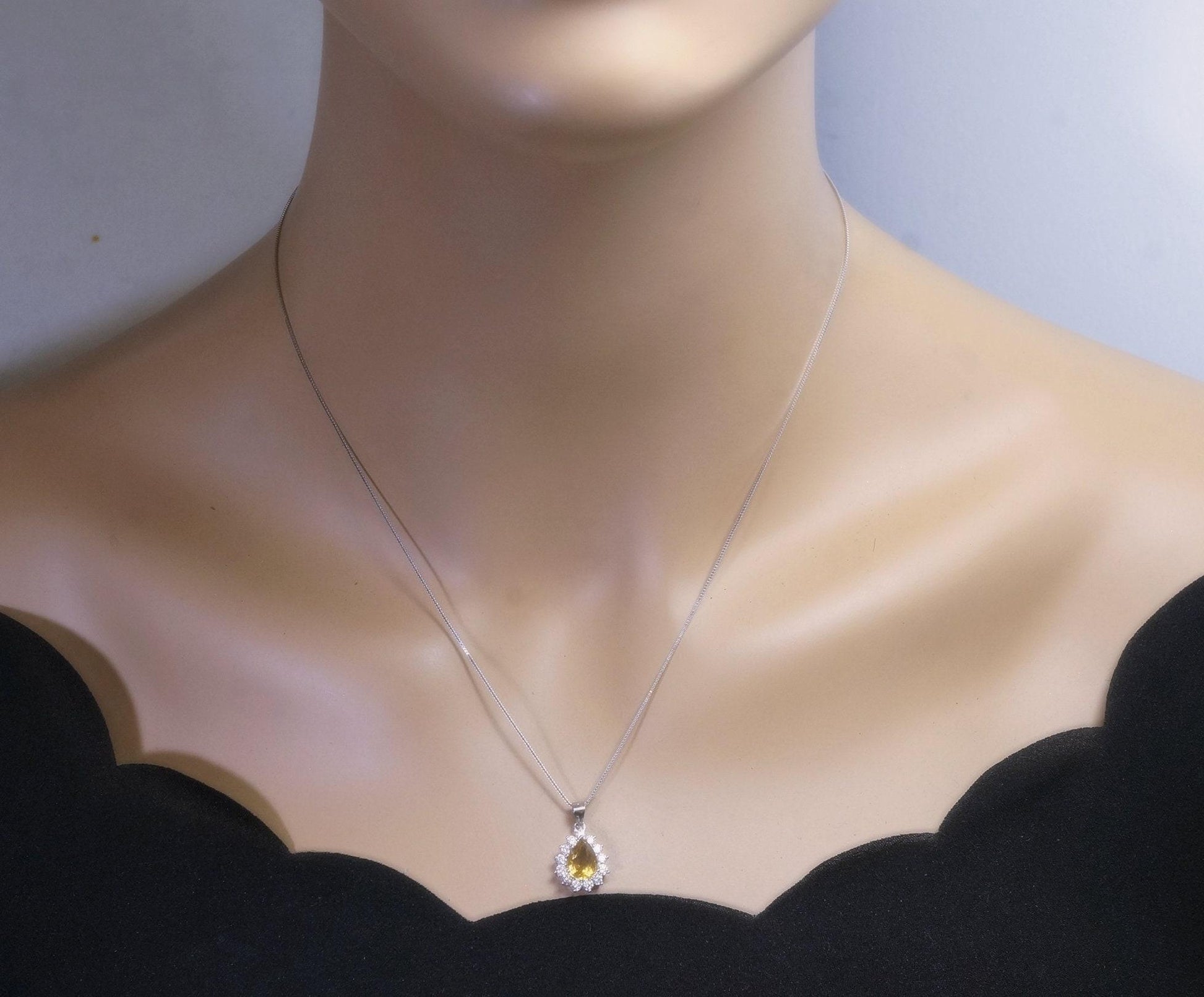 Citrine Necklace - Solitaire Yellow Gemstone 925 sterling silver teardrop pear Natural Citrine pendant #358