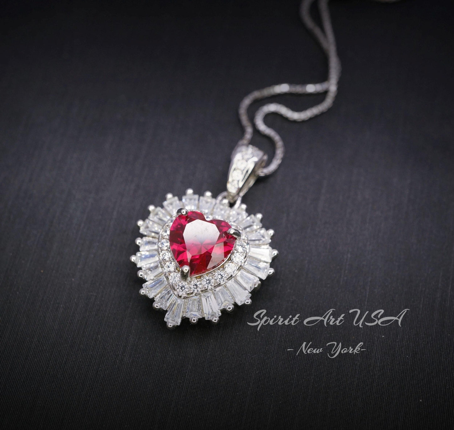 Double Halo Ruby Necklace - Red Ruby Heart Pendant - 18KGP @ Sterling Silver - Dainty Ruby Pendant - July Birthstone #268
