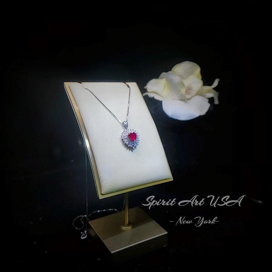 Double Halo Ruby Necklace - Red Ruby Heart Pendant - 18KGP @ Sterling Silver - Dainty Ruby Pendant - July Birthstone #268