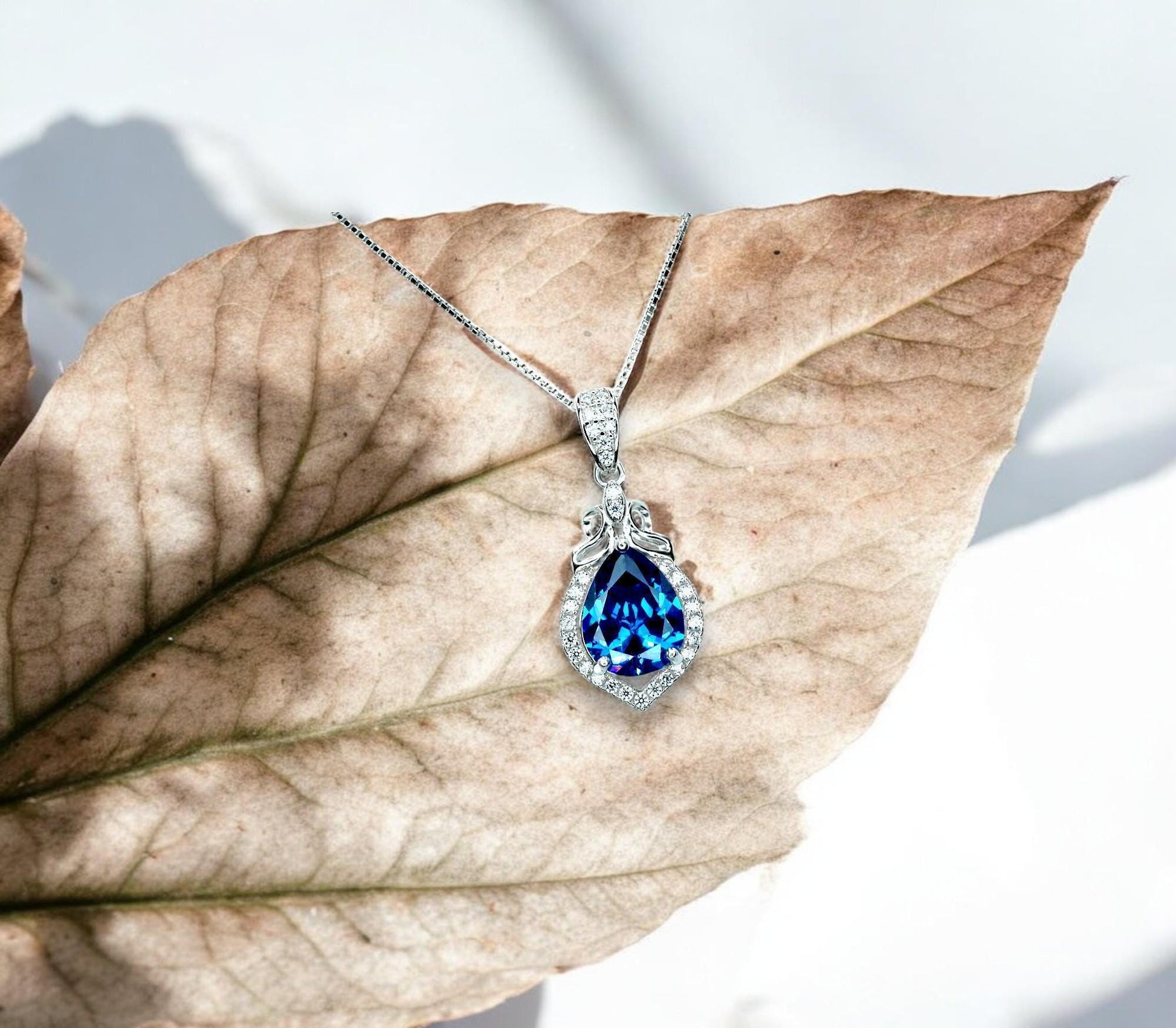 Blue sapphire necklace - 18kgp @ sterling silver - September Birthstone - Pear Cut Teardrop Blue Sapphire Pendant Chain #315
