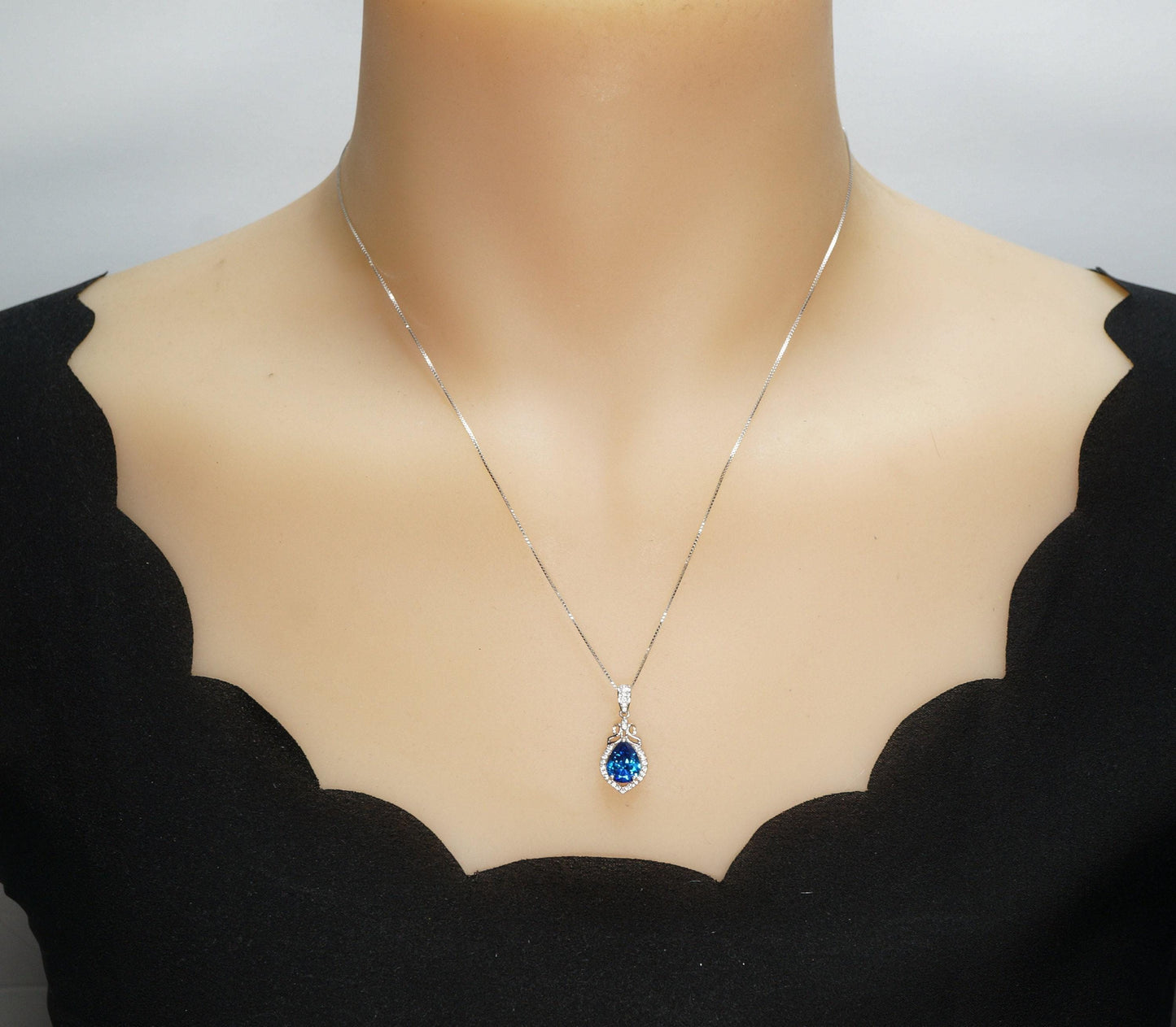 Blue sapphire necklace - 18kgp @ sterling silver - September Birthstone - Pear Cut Teardrop Blue Sapphire Pendant Chain #315