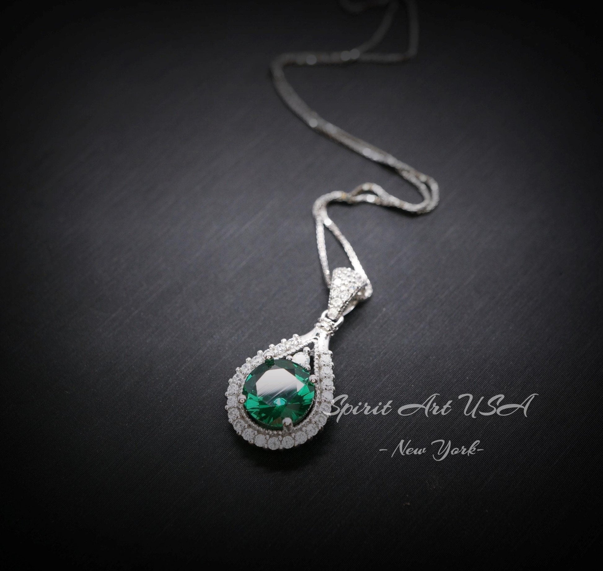 8mm Round Emerald Necklace - 18KGP @ Sterling Silver Teardrop Green Emerald Pendant - May Birthstone #334
