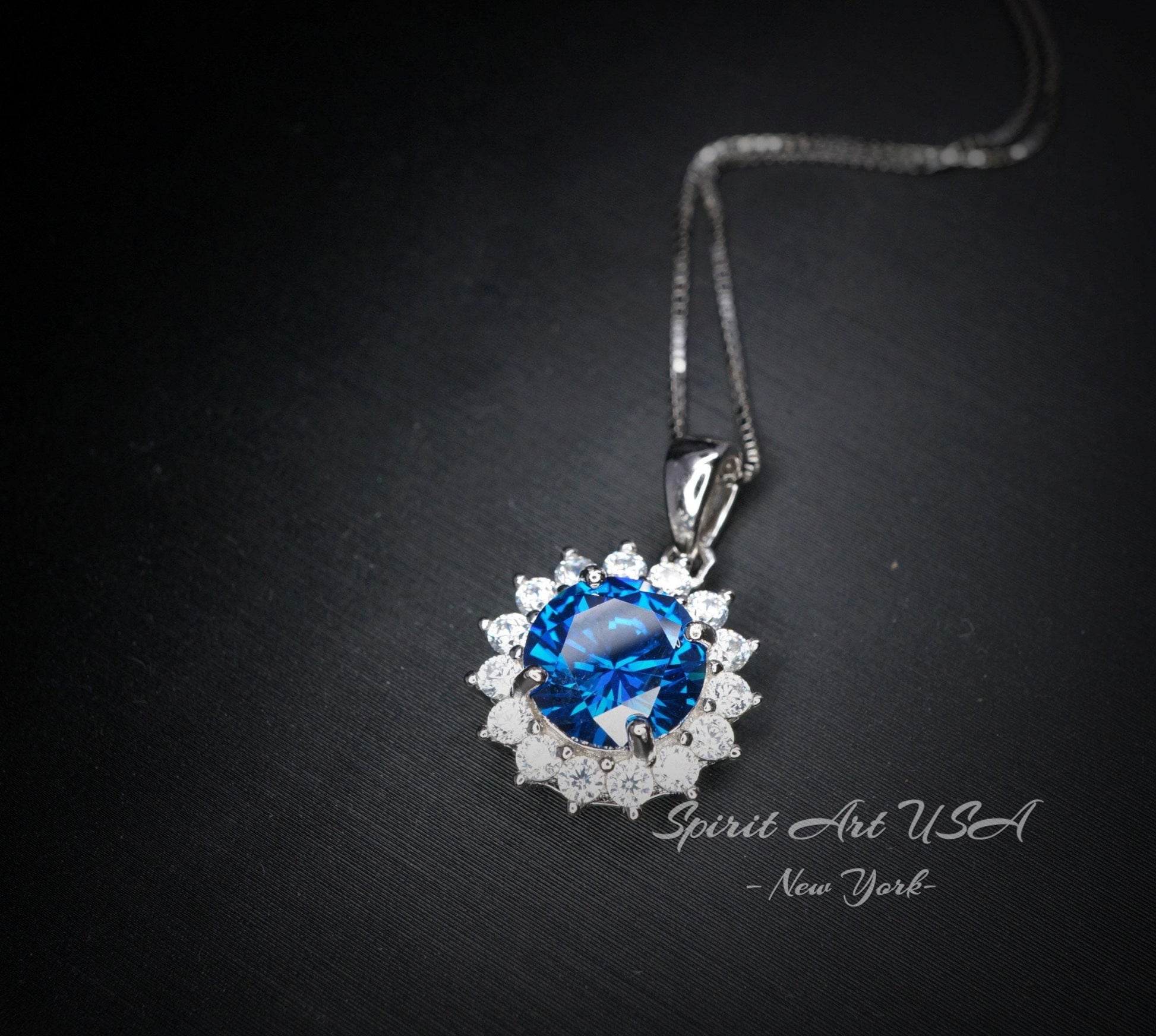 Blue Sapphire Necklace Gemstone Sunflower Pendant 8 mm White Gold Coated Princess Diana Style 2 CT Deep Blue Gemstone Jewelry #283