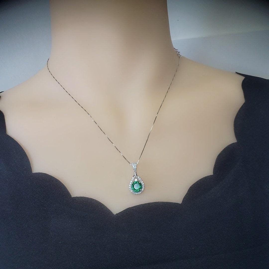 8mm Round Emerald Necklace - 18KGP @ Sterling Silver Teardrop Green Emerald Pendant - May Birthstone #334